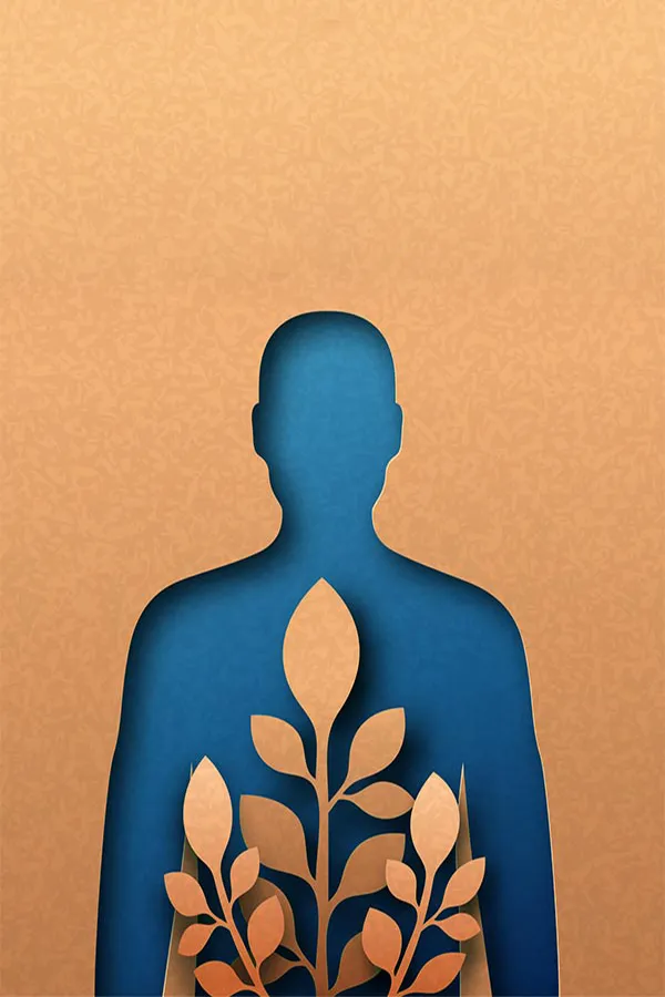 A human body shape cut out of cardboard with blue paper underneath and cardboard leaves on top, symbolizing functional medicine treatment from Tanya Zboril, NP of TBT Medical in Regina.