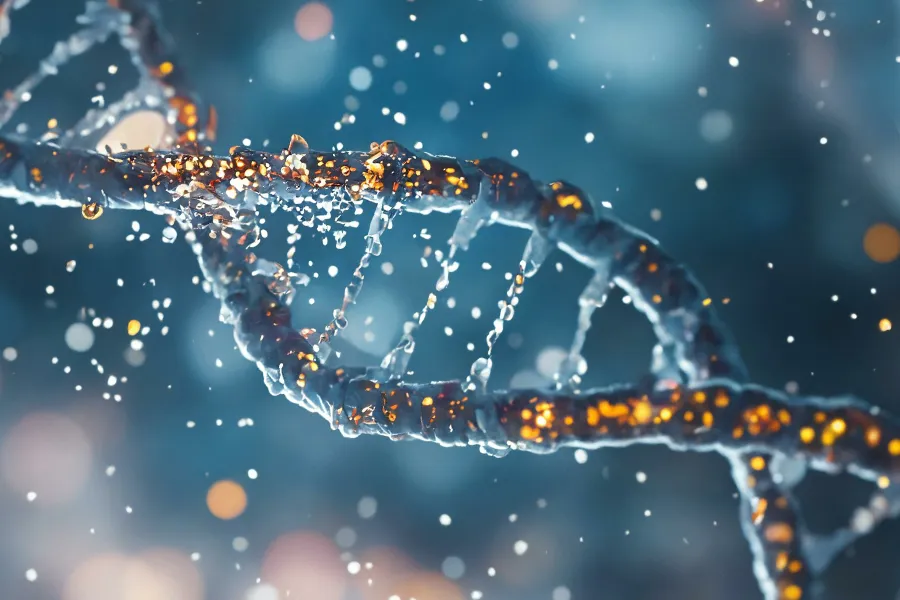 Regenerative-Medicine-Clinic 3D illustration of a a DNA strand in sparkling golds and blues. Get Regenerative Medicine treatment from Tanya Zboril, NP of TBT Medical in Regina.